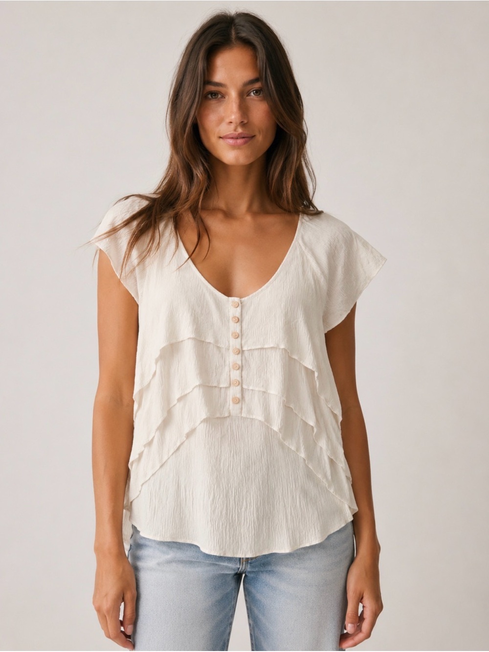 Banana Republic Heritage Silk Ivory Layered Ruffle Blouse Flutter Sleeve Top S